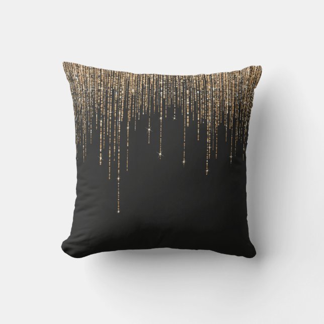 Luxus Chic Black Gold Funkelnd Glitzer Fringe Kissen (Vorderseite)