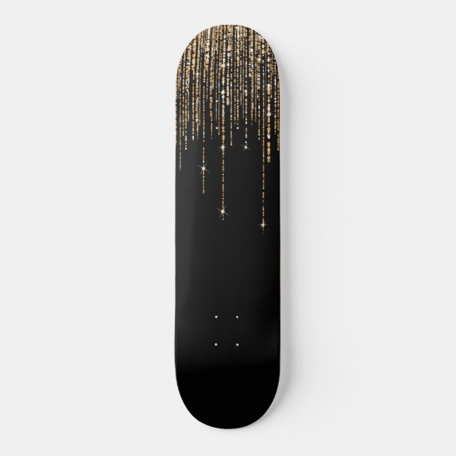 Luxus Chic Black Gold Funkelnd Glitzer Fringe Skateboard (Vorderseite)