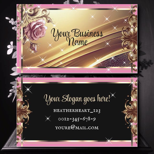 Luxus Chic Gold Girly Pink Rose Blume Verziert Visitenkarte (Von Creator hochgeladen)