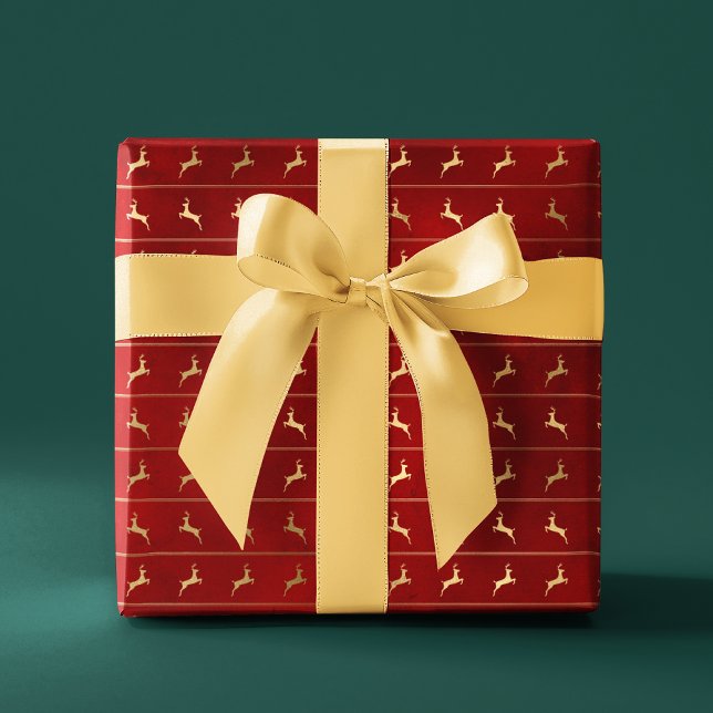 Luxus Chic Gold Reindeer Roter Weihnachtsurlaub Geschenkpapier (Von Creator hochgeladen)
