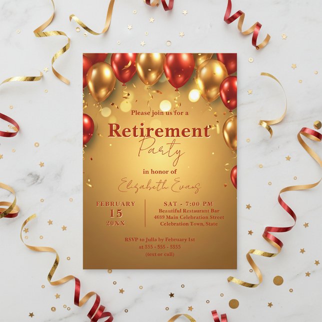 Luxus Chic Gold und Red Balloons Retirement Party Einladung (Von Creator hochgeladen)