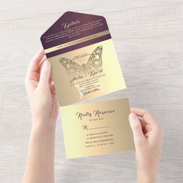 Luxus-Chic-Lila Hochzeit All In One Einladung (Abreißen)