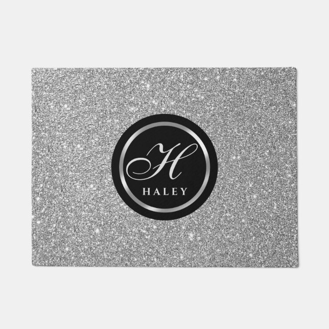 Luxus Chic Silber Grau Glitter Monogramm Anfangsbu Fußmatte (Vorderseite)