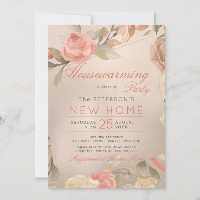 Luxus Coral Gold Foil Floral Housewarming Party Einladung (Vorderseite)