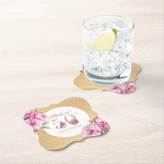 Luxus Custom 50. Geburtstag Peonies Gold Glitzer Untersetzer (Vor Ort)