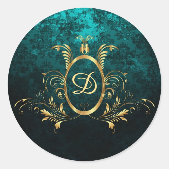 Luxus Damask Gold Rahmen Monogramm Runder Aufkleber (Vorderseite)