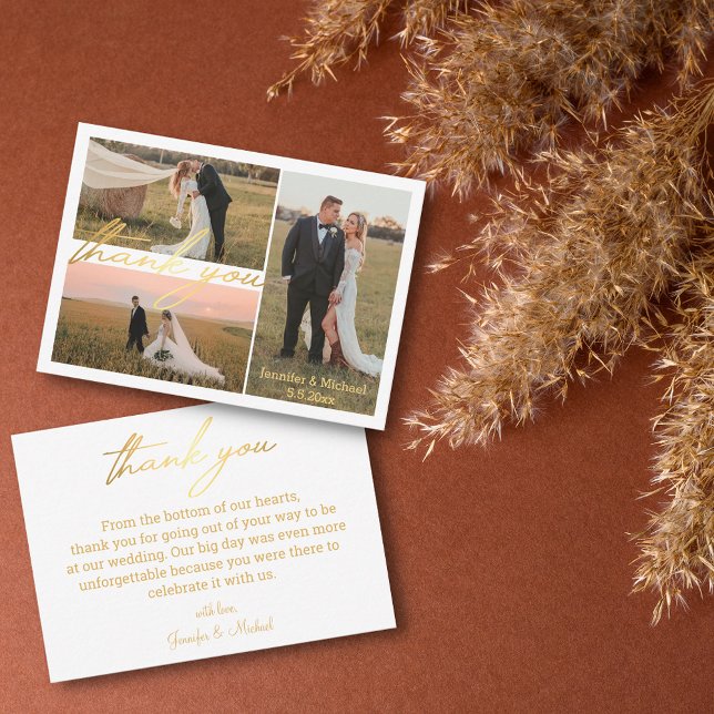 Luxus danke Ihnen 3 Fotos Hochzeitscollage golden Mitteilungskarte (Von Creator hochgeladen)