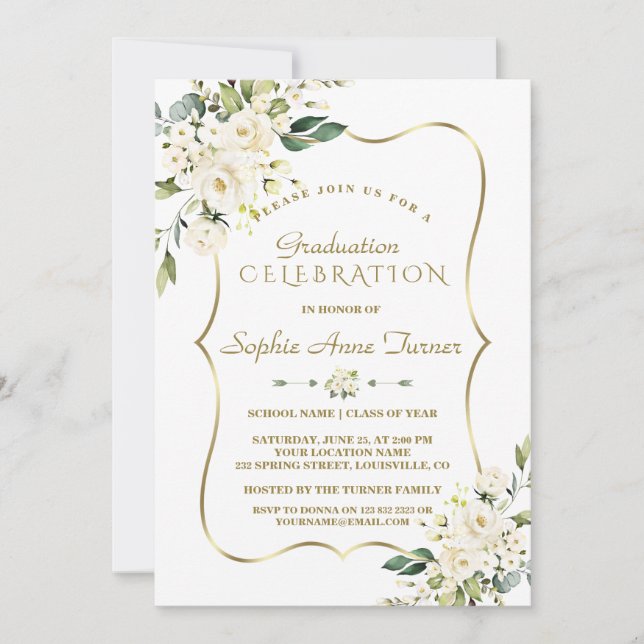 Luxus Delicate White Floral Gold Graduation Party Einladung (Vorderseite)