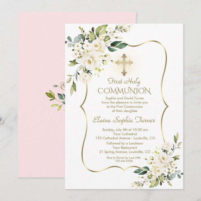 Luxus Delikate Weiße Blume Rosa Heilige Kommune Einladung (Vorne/Hinten)
