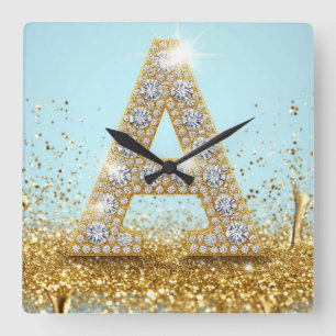 Luxus-Diamant-Buchstabe A auf goldenem Glitter-Hin Quadratische Wanduhr