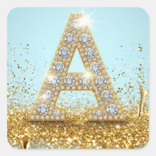 Luxus-Diamant-Buchstabe A auf goldenem Glitter-Hin Quadratischer Aufkleber
