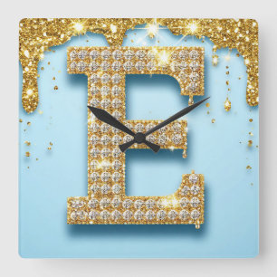 Luxus-Diamant-Buchstabe E auf goldenem Glitter-Hin Quadratische Wanduhr