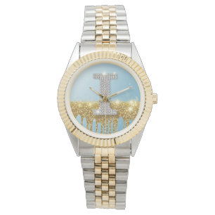 Luxus-Diamant-Buchstabe I auf goldenem Glitter-Hin Armbanduhr