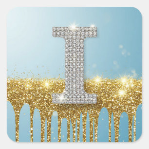 Luxus-Diamant-Buchstabe I auf goldenem Glitter-Hin Quadratischer Aufkleber