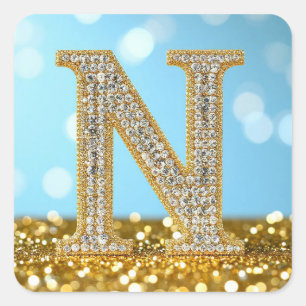 Luxus-Diamant-Buchstabe N auf goldenem Glitter-Hin Quadratischer Aufkleber