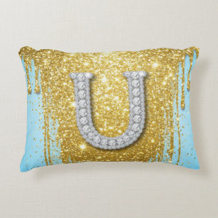 Luxus-Diamant-Buchstabe U auf goldenem Glitter-Hin Dekokissen