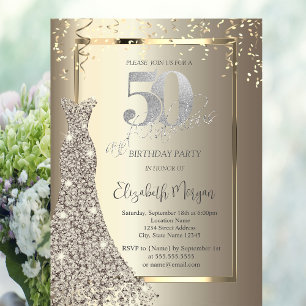 Luxus-Diamanten-Kleid Gold 50. Geburtstag glänzend Einladung