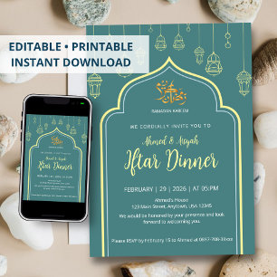 Luxus-Dunkel-Türkis- und Goldbogen-Ramadan-Iftar Einladung