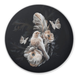 Luxus Dunkle Druckknopf, Vogel, Blume und Feder 1 Keramikknauf