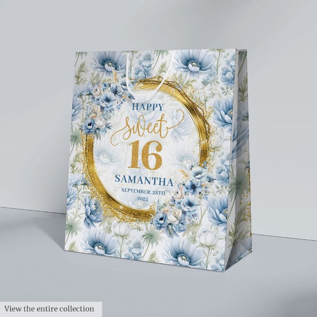 Luxus Dusty Blue Sweet 16 Gold Glitzer Geschenktas Mittlere Geschenktüte (Luxury Dusty Blue Sweet 16 Gold Glitter Gift Bag)
