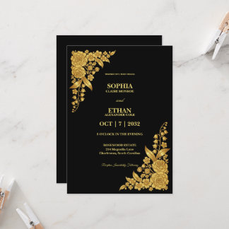 Luxus-Eckhochzeit in Schwarz und Gold mit Blumenmo Einladung