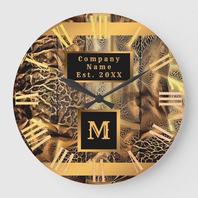 Luxus Einzigartiges Holz Gold Mit Monogramm Große Wanduhr (Vorderseite)