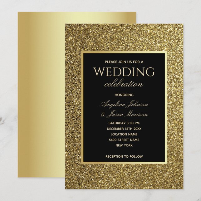 Luxus Elegante Black and Gold Hochzeit Einladung (Vorne/Hinten)