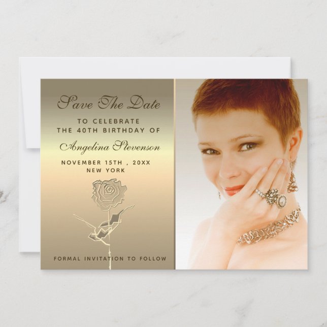 Luxus Elegante Floral Gold Rose Blume Geburtstag Save The Date (Vorderseite)