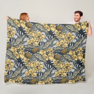 Luxus Elegante Gold N' Schwarze Tropische Blumen Fleecedecke