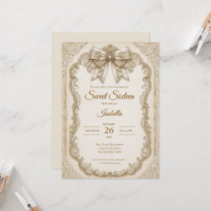 Luxus Elfenbein Gold Spitze Schleife Sweet 16 Einladung