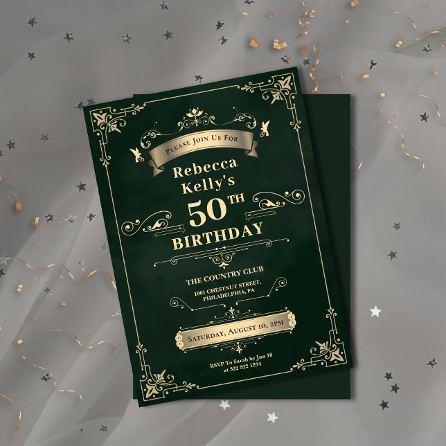 Luxus Emerald Green & Gold Meilenstein Zeitalter G Einladung (Elegant Rococo Ornament Black & Gold Wedding Invitation)