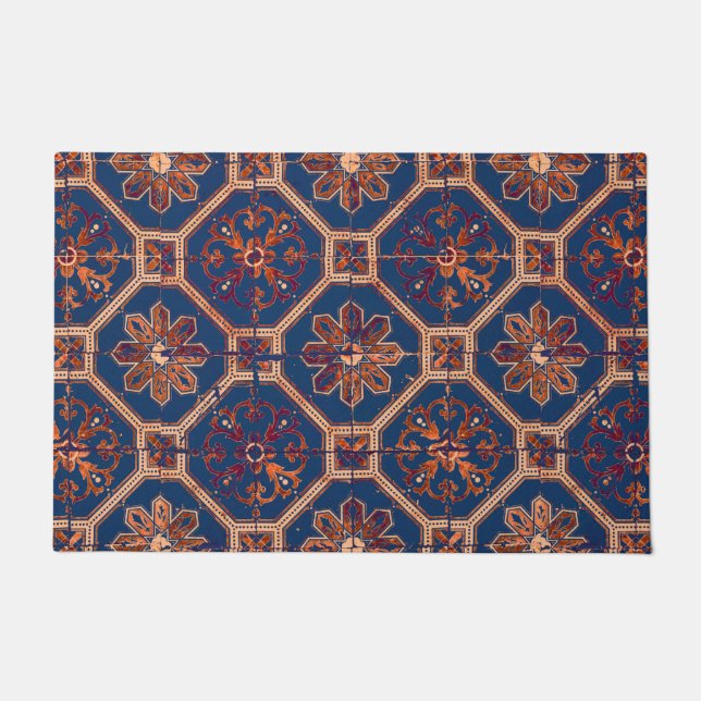Luxus Ethnic Tile Muster | Blau und Orange Fußmatte (Vorderseite)