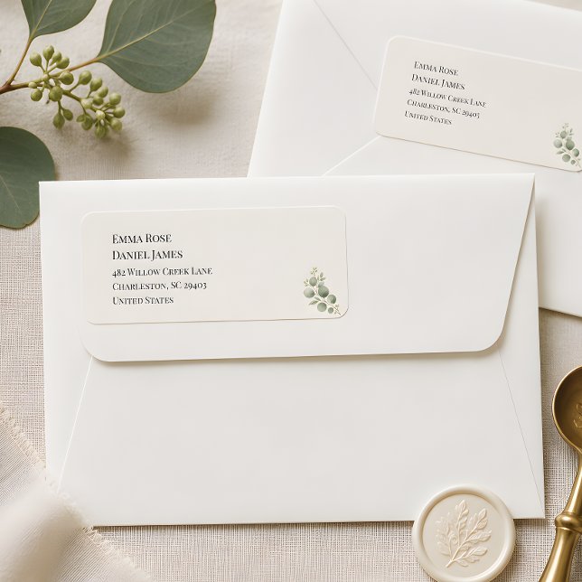 Luxus-Eukalyptus-Grün-Rücksendeadresse  (Return address labels for the Eucalyptus wedding themed collection)