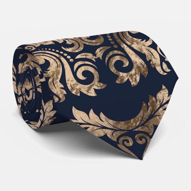 Luxus-Fleur-de-lis-Ornament - Gold und dunkelblau Krawatte (Gerollt)