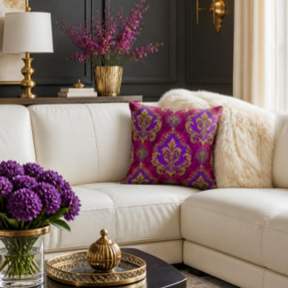 Luxus-Fuchsia, Amethyst und Antik-Gold-Damaskus Kissen