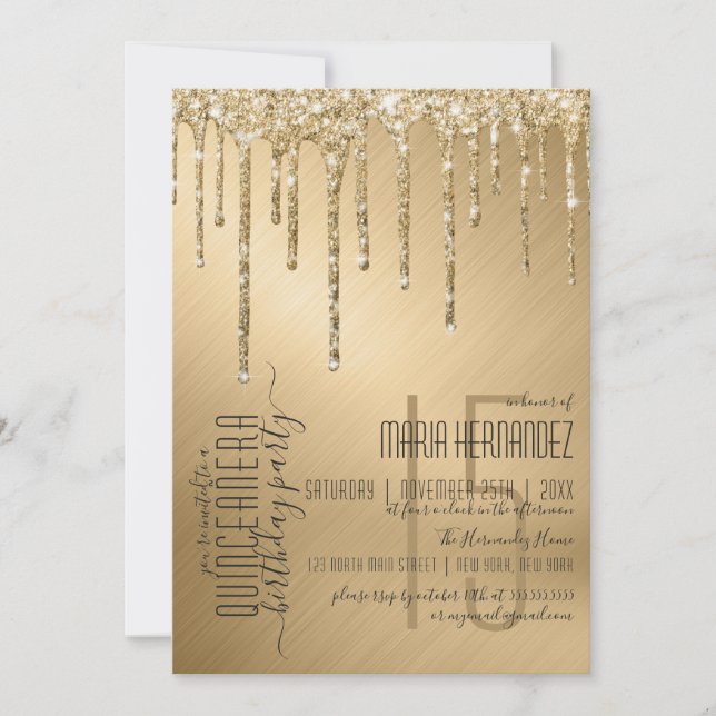 Luxus Funkelnd Gold Glitzer Tropfen Quinceañera Einladung (Vorderseite)