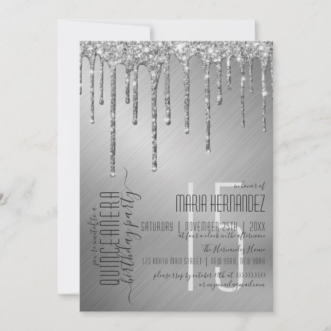 Luxus Funkelnd Silver Glitzer Tropfen Quinceañera Einladung (Vorderseite)
