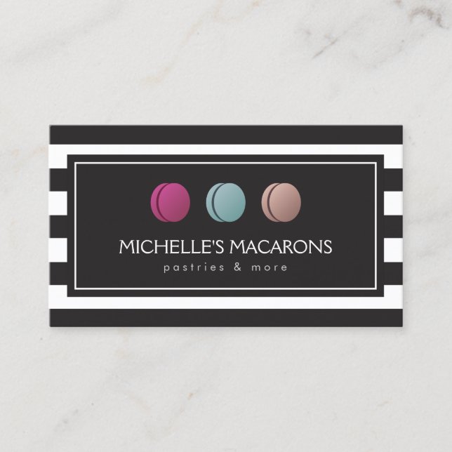 Luxus gestreiftes französisches Macaron-Trio-Logo  Visitenkarte (Vorderseite)
