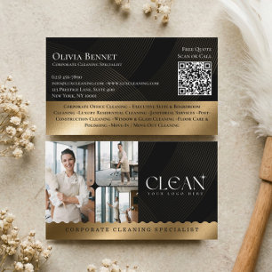 Luxus Gewerbe-Reinigung QR-Code Schwarz Gold Visitenkarte