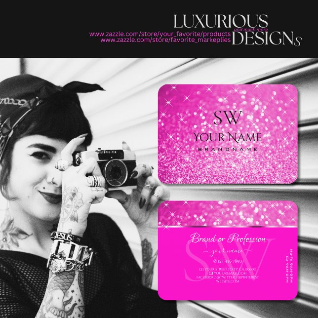 Luxus Girly Pink Glitzer Luminous Stars Monogramm Visitenkarte (Von Creator hochgeladen)