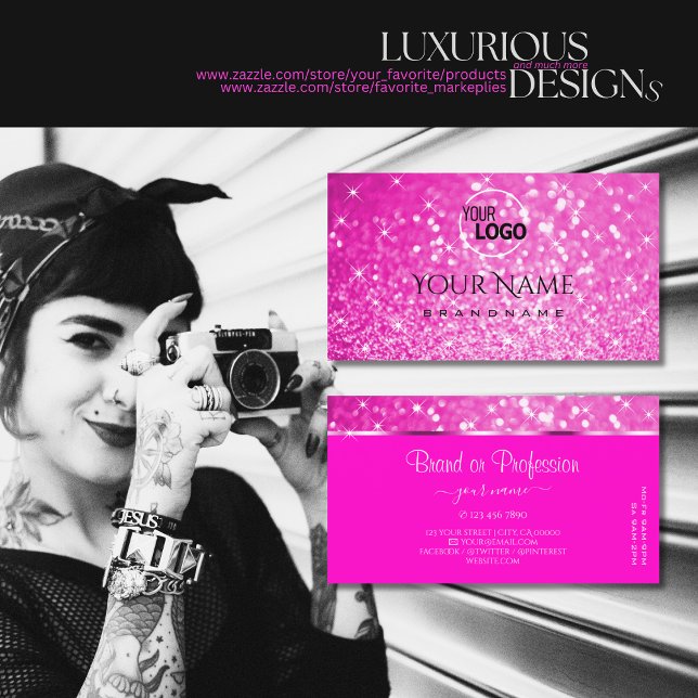 Luxus Girly Pink Glitzer Luminous Stars und Logos Visitenkarte (Von Creator hochgeladen)