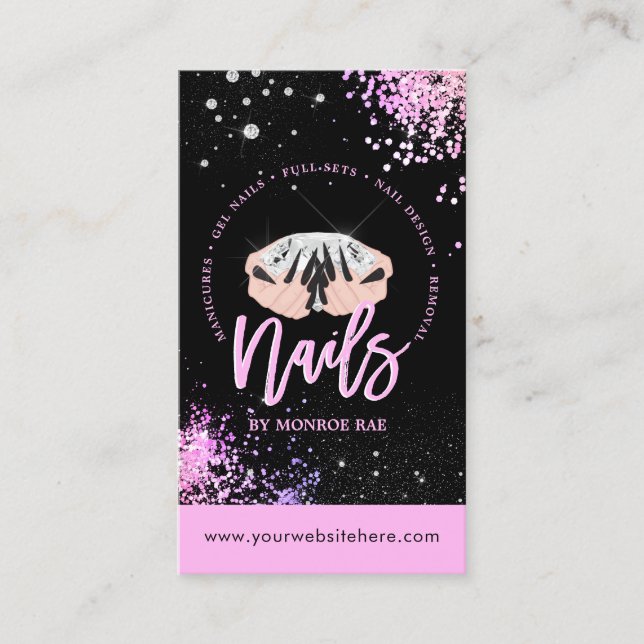 Luxus Glam Pink & Black Nail Salon Nail Stylist  Visitenkarte (Vorderseite)
