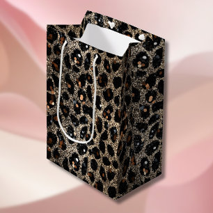 Luxus Glitter Braun Schwarz Gold Leoparden Muster Mittlere Geschenktüte