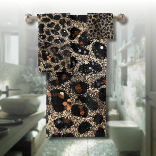 Luxus-Glitter-Braun-Schwarz-Gold-Leopardenmuster Badhandtuch Set