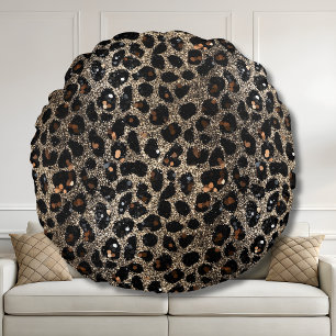 Luxus-Glitter-Braun-Schwarz-Gold-Leopardenmuster Rundes Kissen