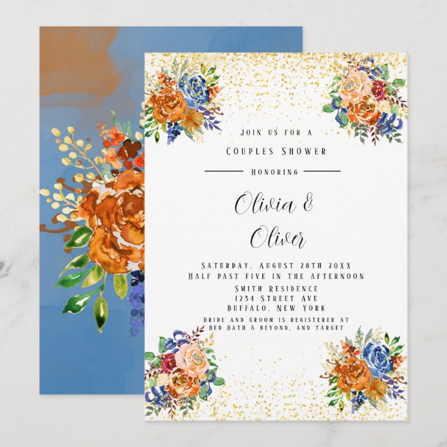 Luxus Glitzer Blue Orange Blumenpaare Dusche Einladung (Vorne/Hinten)