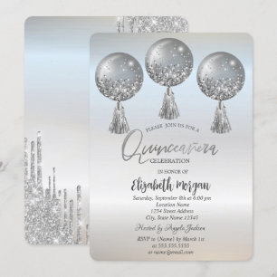 Luxus Glitzer Tropfen Balloons Silver Quinceañera Einladung