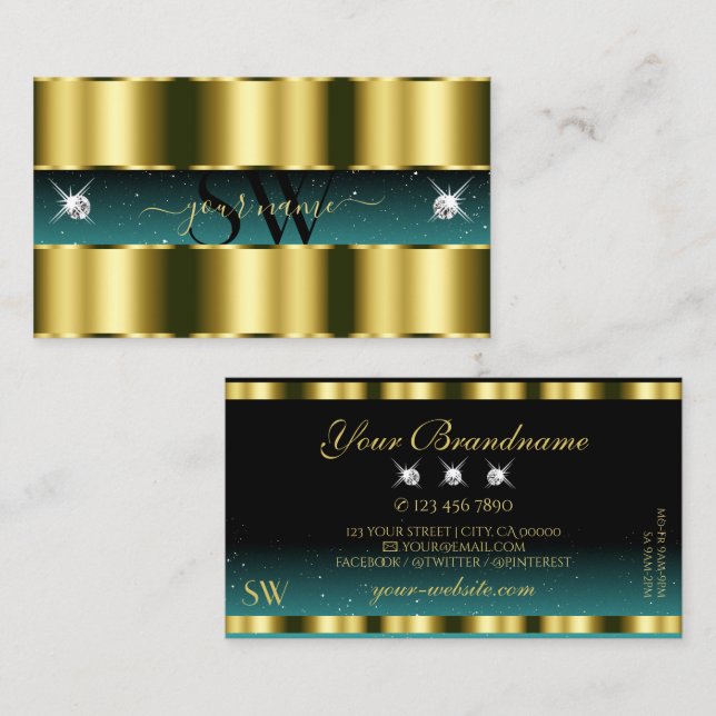 Luxus Gold Aquamarin Black Sparkling Diamonds Init Visitenkarte (Vorne/Hinten)