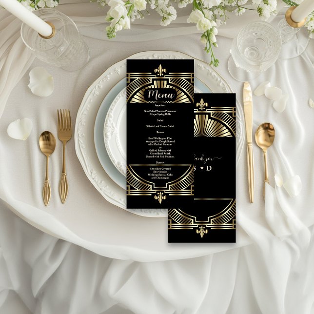 Luxus Gold Black Art Deco Roaring 20er Hochzeit Menükarte (Von Creator hochgeladen)