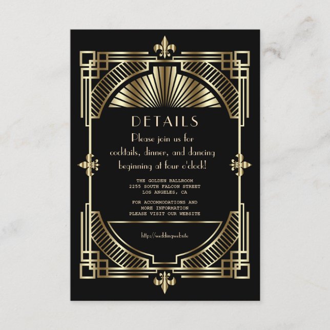 Luxus Gold Black Great Gatsby Hochzeitsempfang Begleitkarte (Vorderseite)